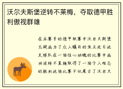 沃尔夫斯堡逆转不莱梅，夺取德甲胜利傲视群雄